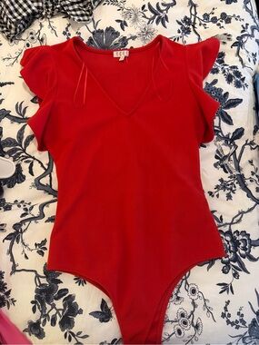 TCEC Vibrant Red Ruffle Sleeve V-Neck Bodysuit